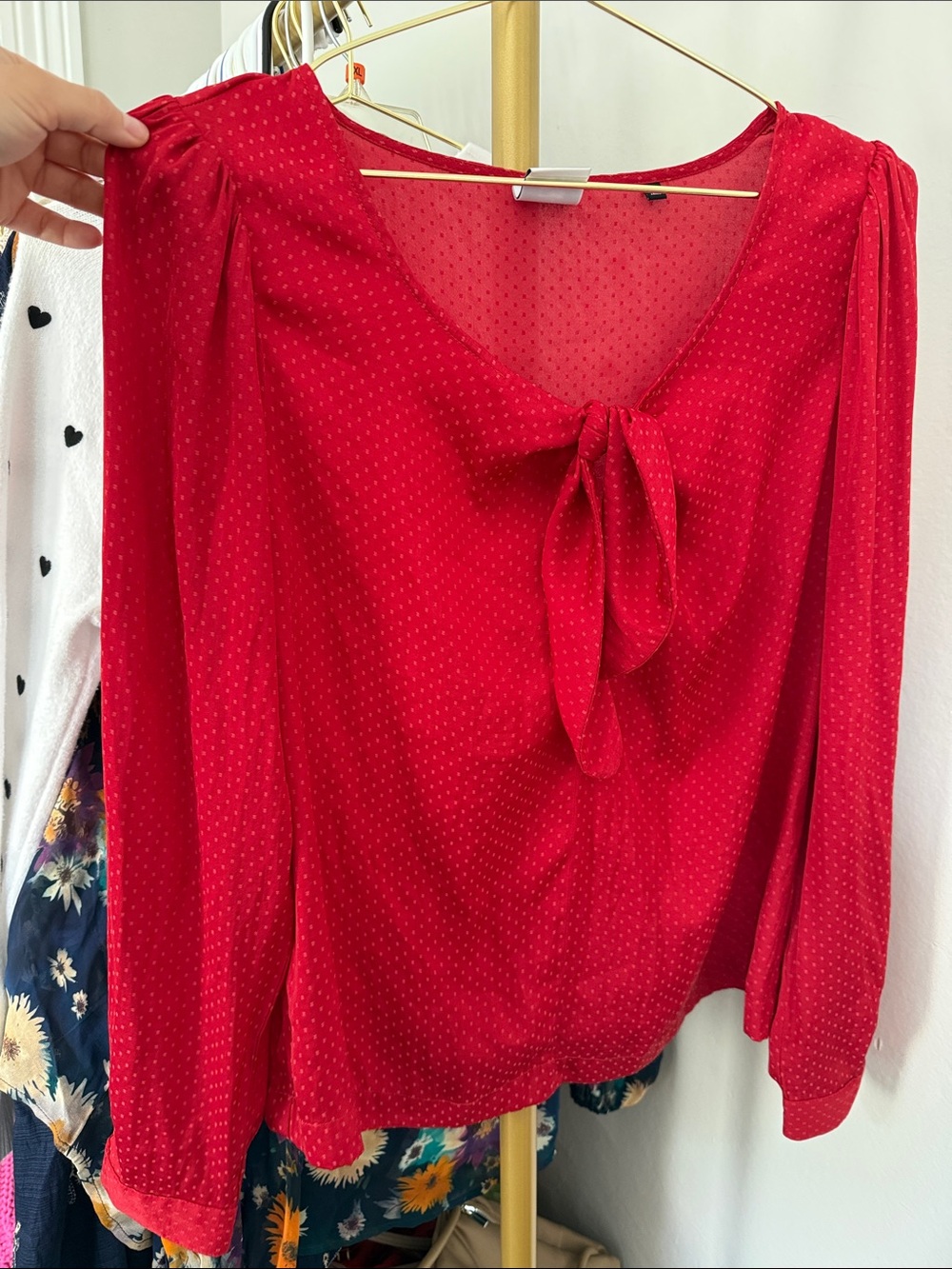 CAbi Red Tie-Neck Long Sleeve Blouse